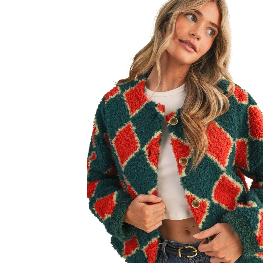 Faux Shearling Argyle Jacket