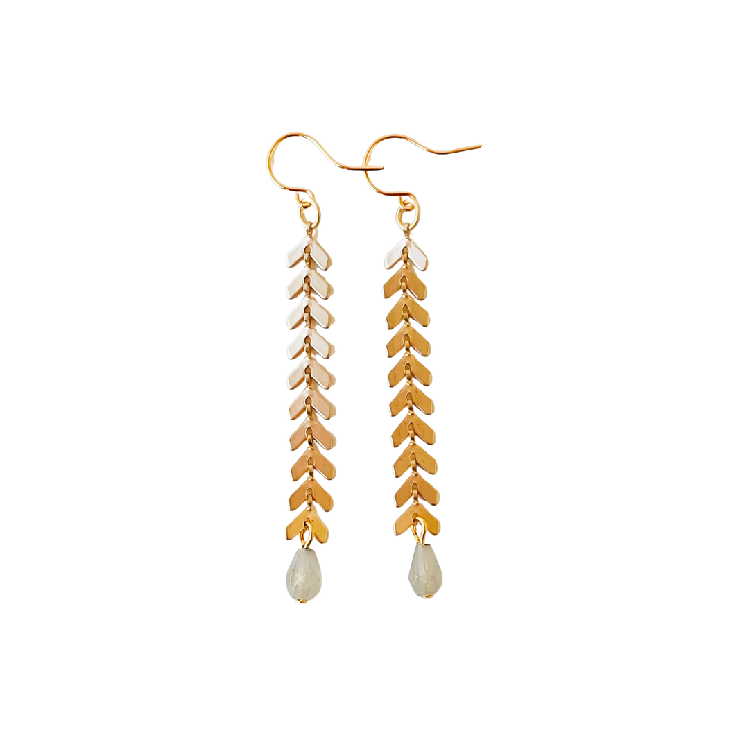 Long Gold Chevron and Pale Grey Bead Earrings