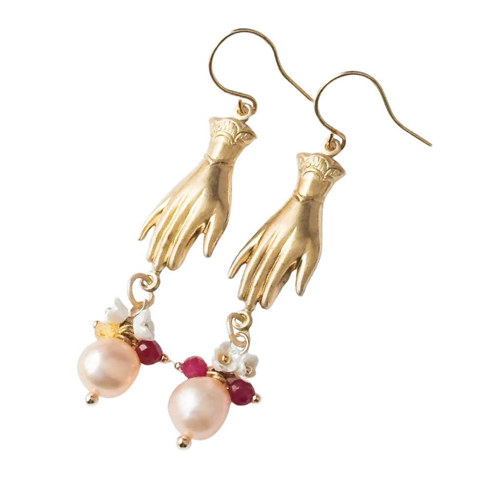Gold Hand with Pearls and Gemstone Drops Earrings