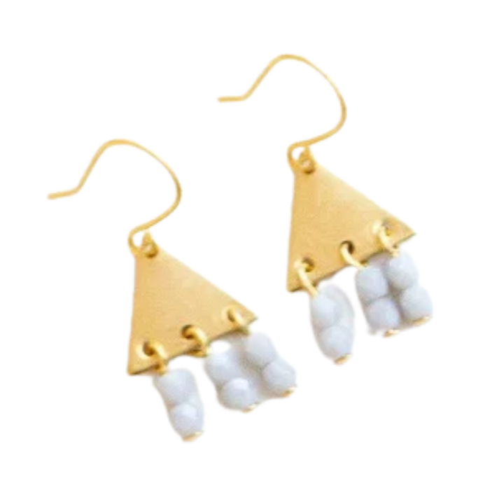 Colorful Brass Triangle Geometric Earrings with Beaded Fringe