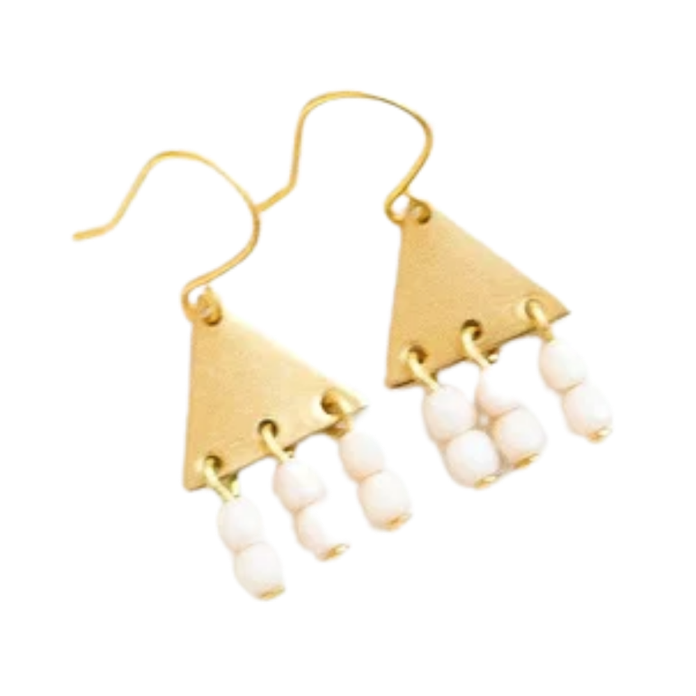 Colorful Brass Triangle Geometric Earrings with Beaded Fringe