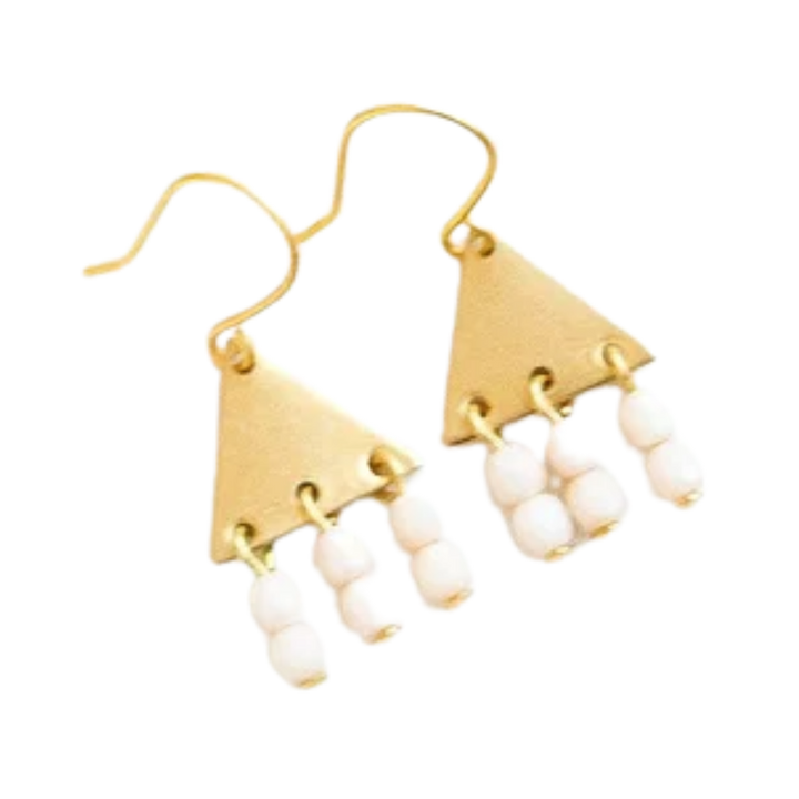 Colorful Brass Triangle Geometric Earrings with Beaded Fringe