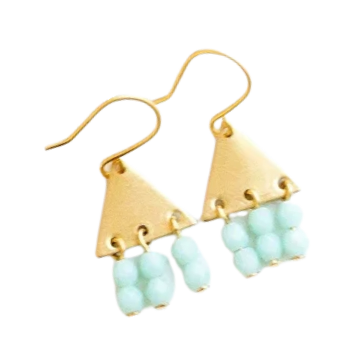 Colorful Brass Triangle Geometric Earrings with Beaded Fringe