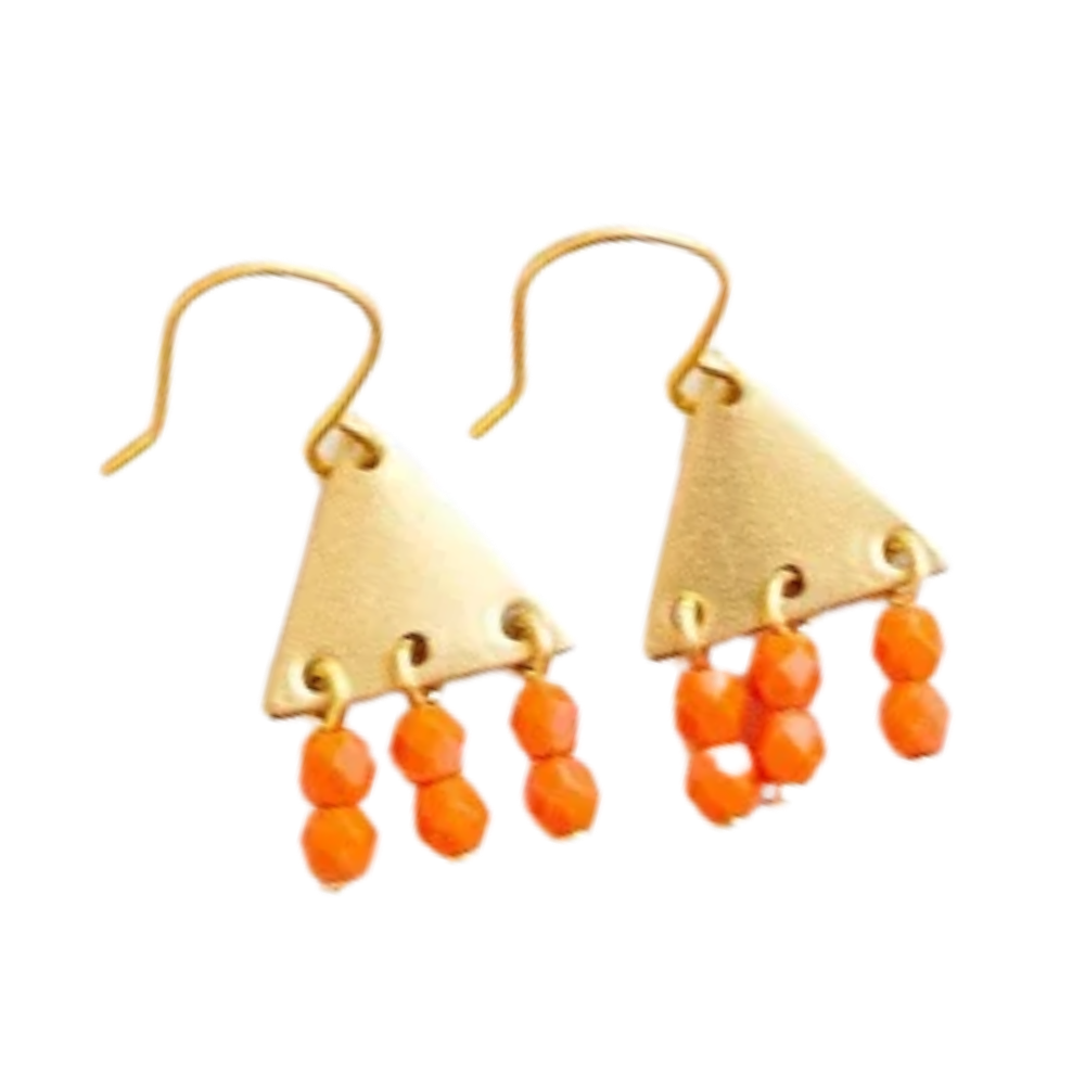 Colorful Brass Triangle Geometric Earrings with Beaded Fringe
