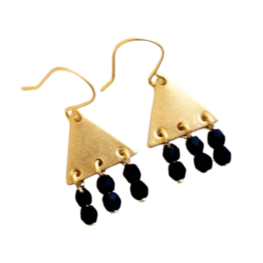 Colorful Brass Triangle Geometric Earrings with Beaded Fringe