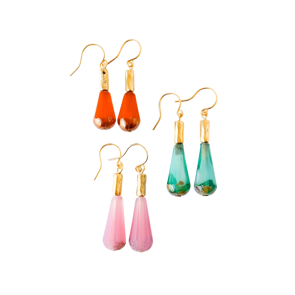 Long Czech Glass Teardrop Earrings with Antiqued Gold Accent