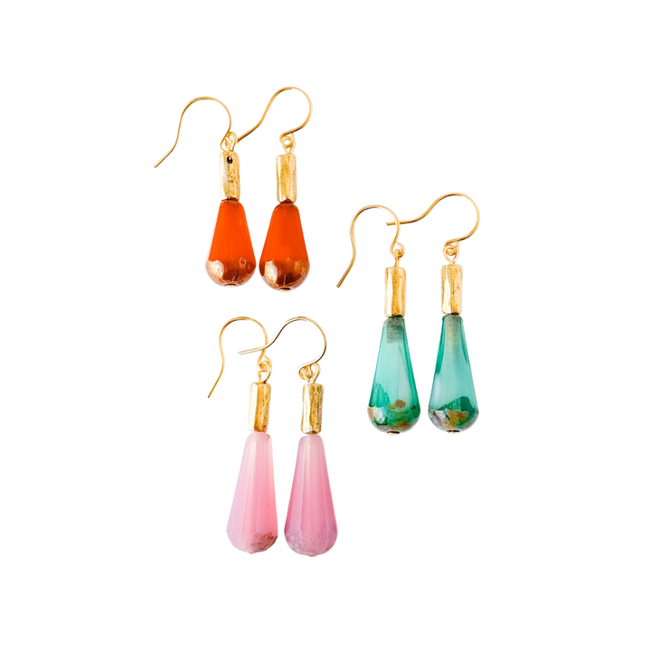 Long Czech Glass Teardrop Earrings with Antiqued Gold Accent