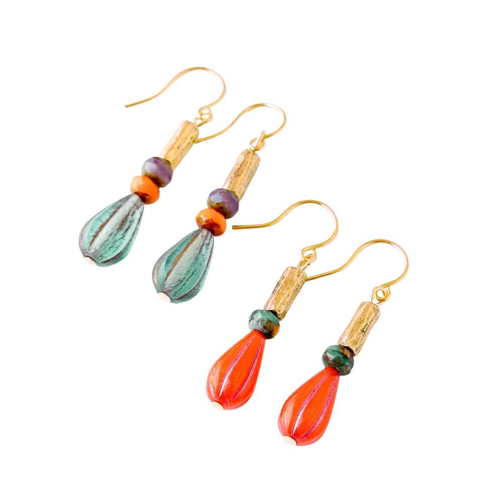 Striped Glass Drop Earrings with Gold Accents