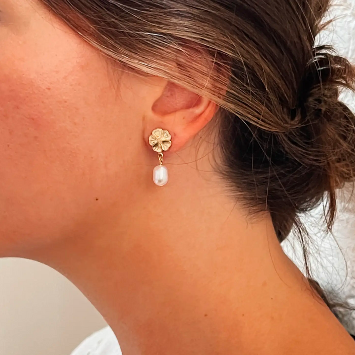 Flower and Pearl Stud Earrings