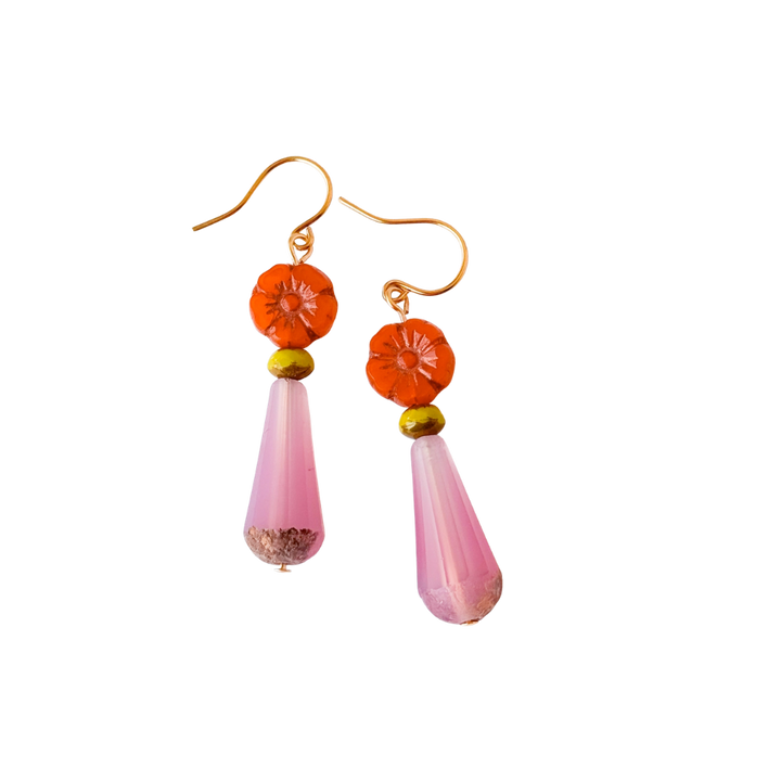 Glass Flower Bead Drop Earrings with Colorful Glass Accents
