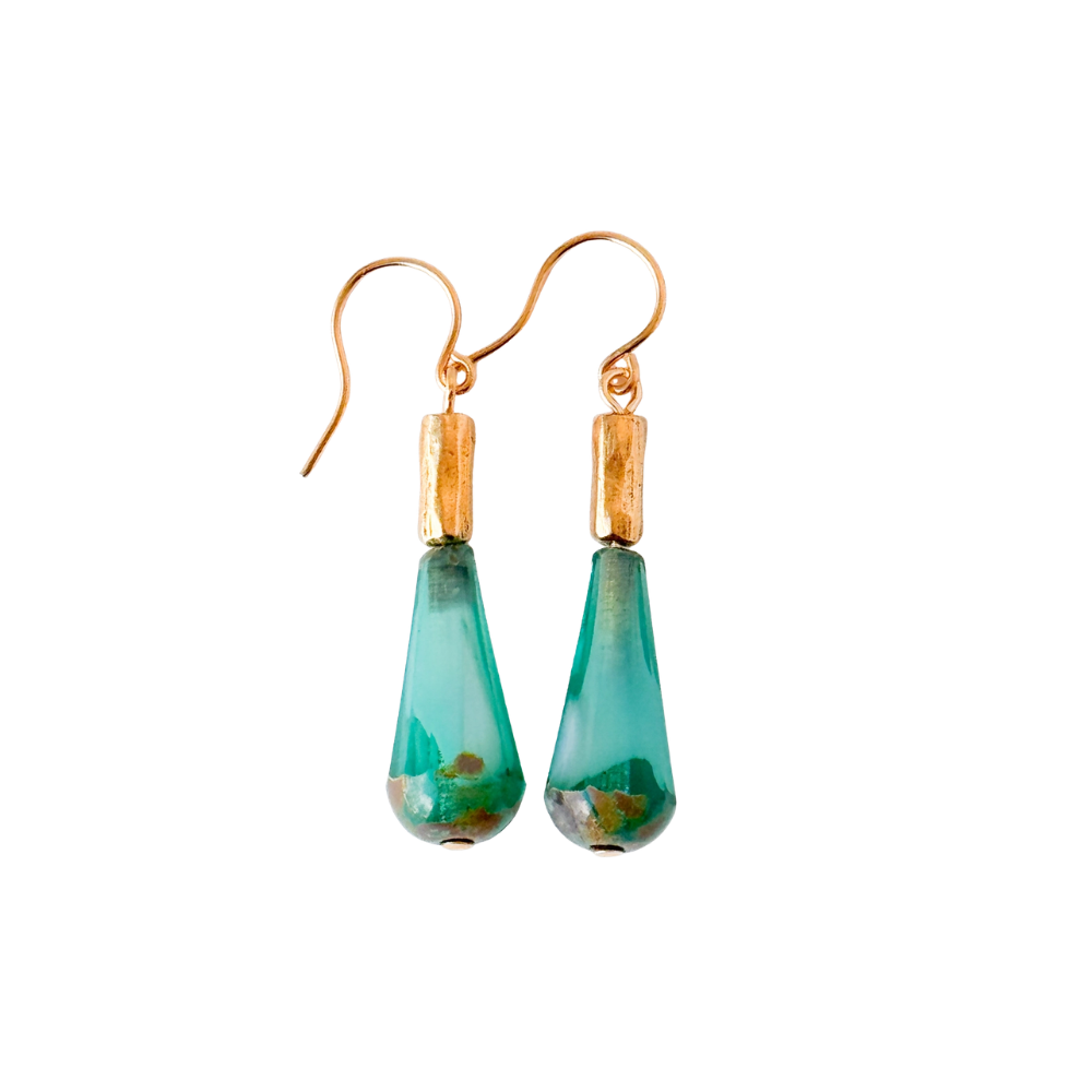 Long Czech Glass Teardrop Earrings with Antiqued Gold Accent