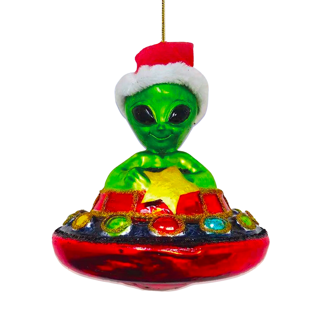 Alien and UFO Glass Christmas Ornament