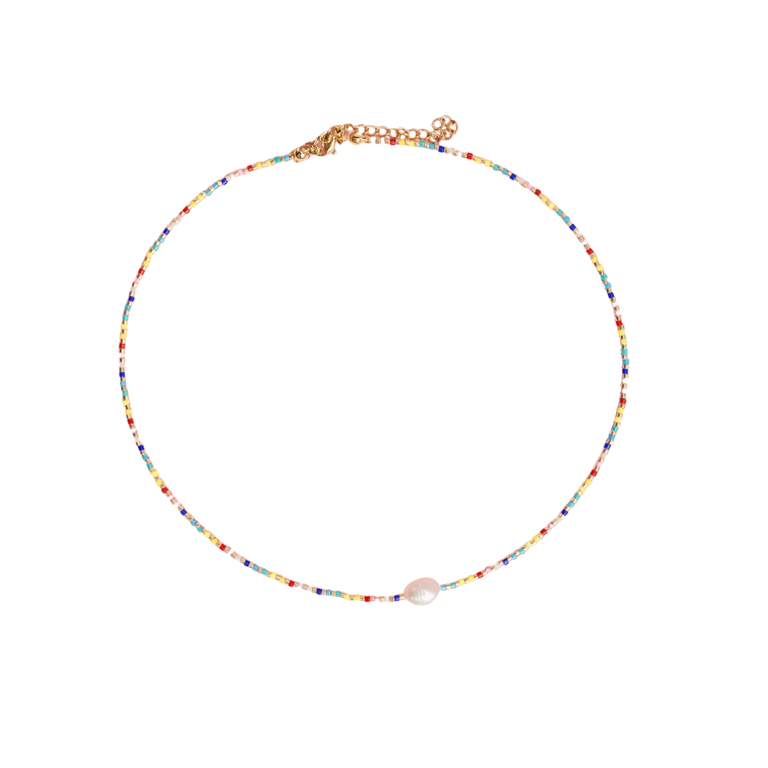 Single Pearl and Rainbow Seed Bead Necklace