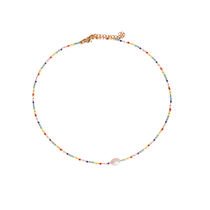 Single Pearl and Rainbow Seed Bead Necklace