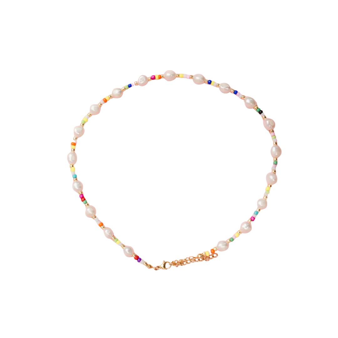 Single Pearl and Rainbow Seed Bead Necklace