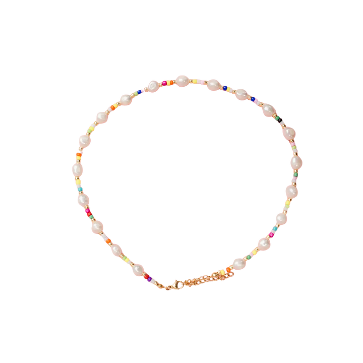 Single Pearl and Rainbow Seed Bead Necklace
