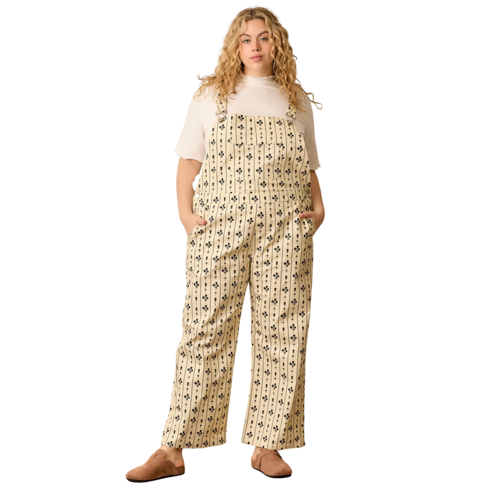 Printed Stripe Floral Pattern Overall - Cream/Black