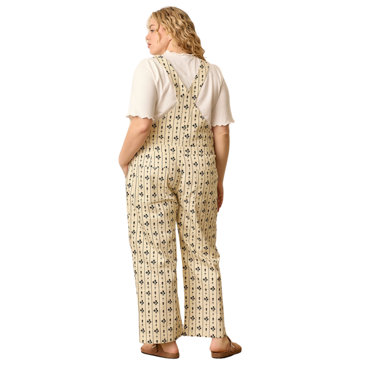 Printed Stripe Floral Pattern Overall - Cream/Black