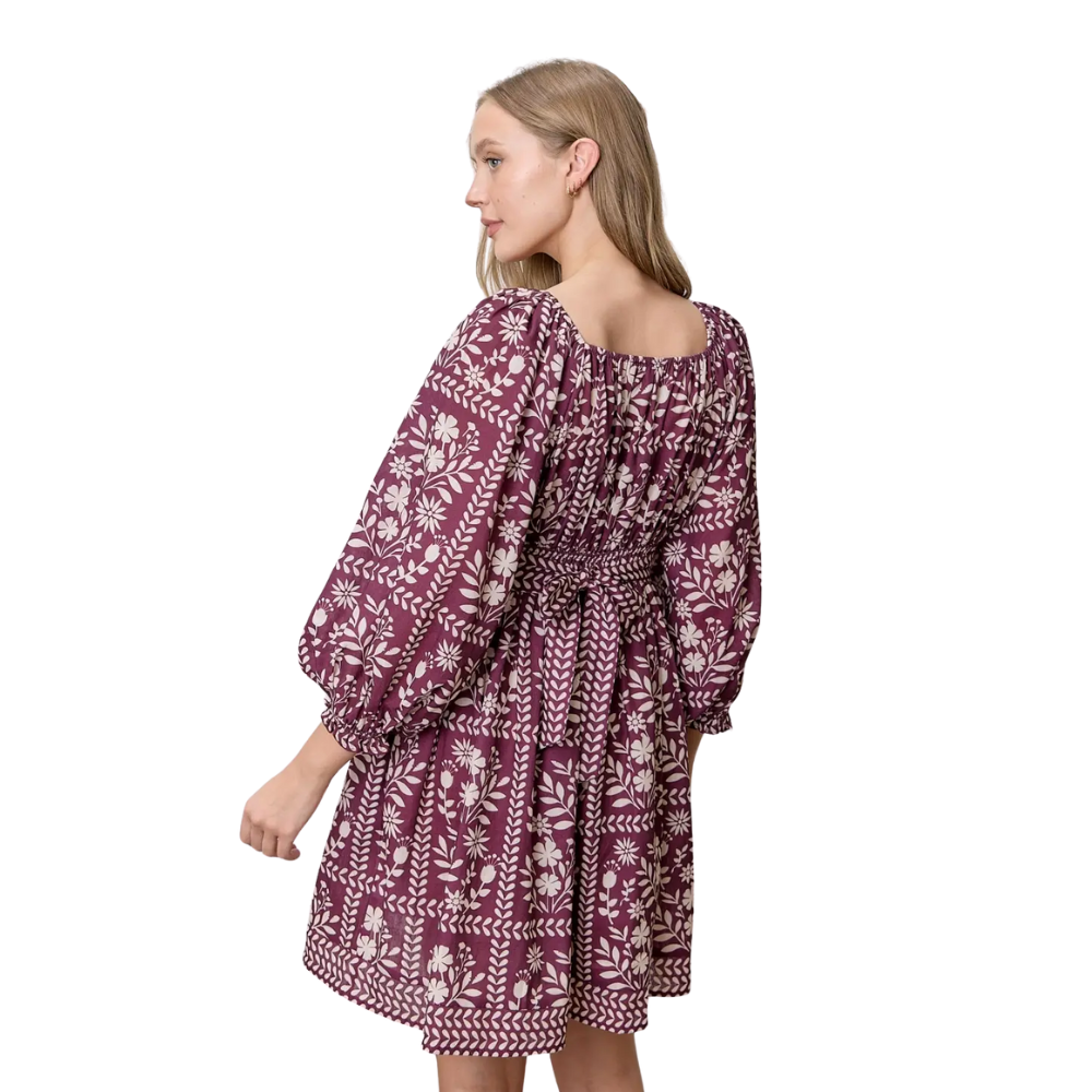 Border Floral Square Neck Mini Dress