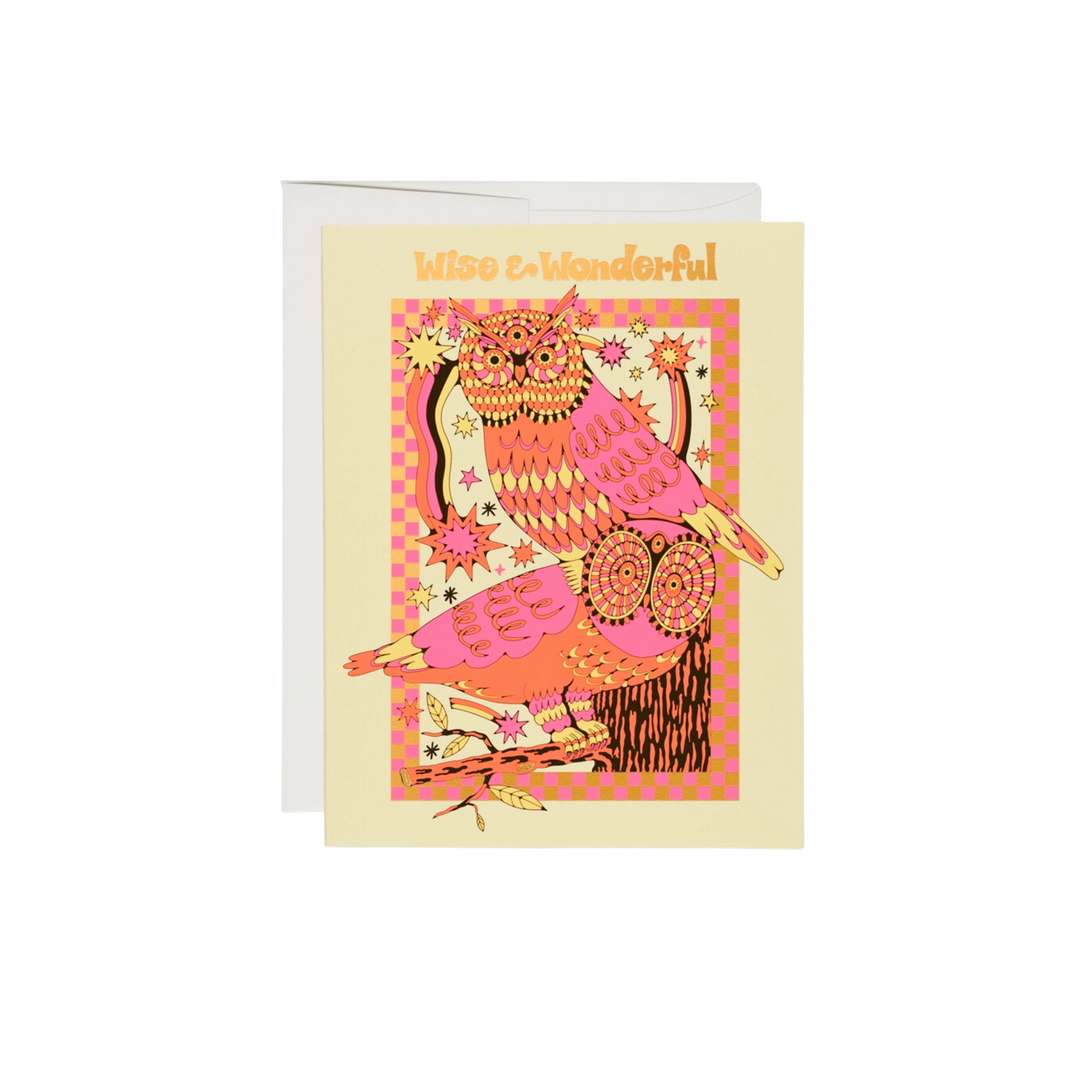 Colorful illustration of two owls with gold text reading "Wise & Wonderful". This 5.5 x 4.25 inch card features blank interiors, is offset printed and foil stamped. It is crafted from 100lb heavyweight card stock and illustrated by Krista Perry. It is printed in the USA on recycled paper.