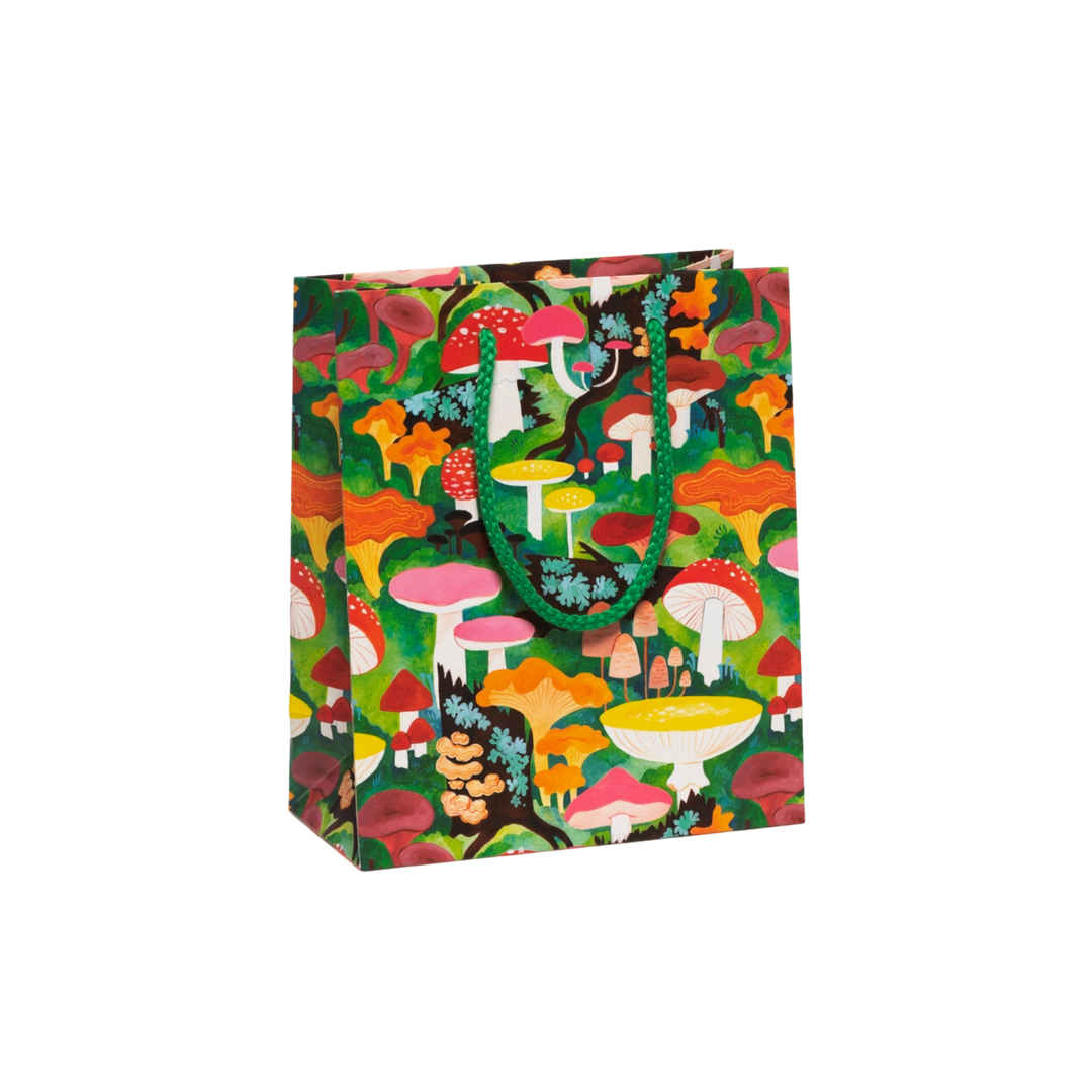 Colorful mushroom illustration with green rope handle.  Compact Size - 8 x 4 x 9.5" Heavyweight Coated Paperholds with Cotton Rope Handle Artwork by Kelsey Garrity Riley