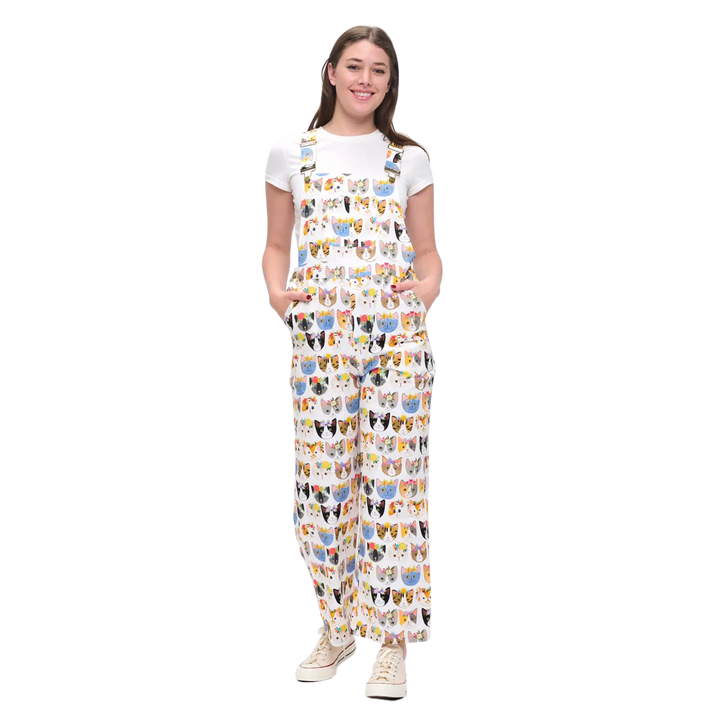 Floral Crown Cats Print Overalls