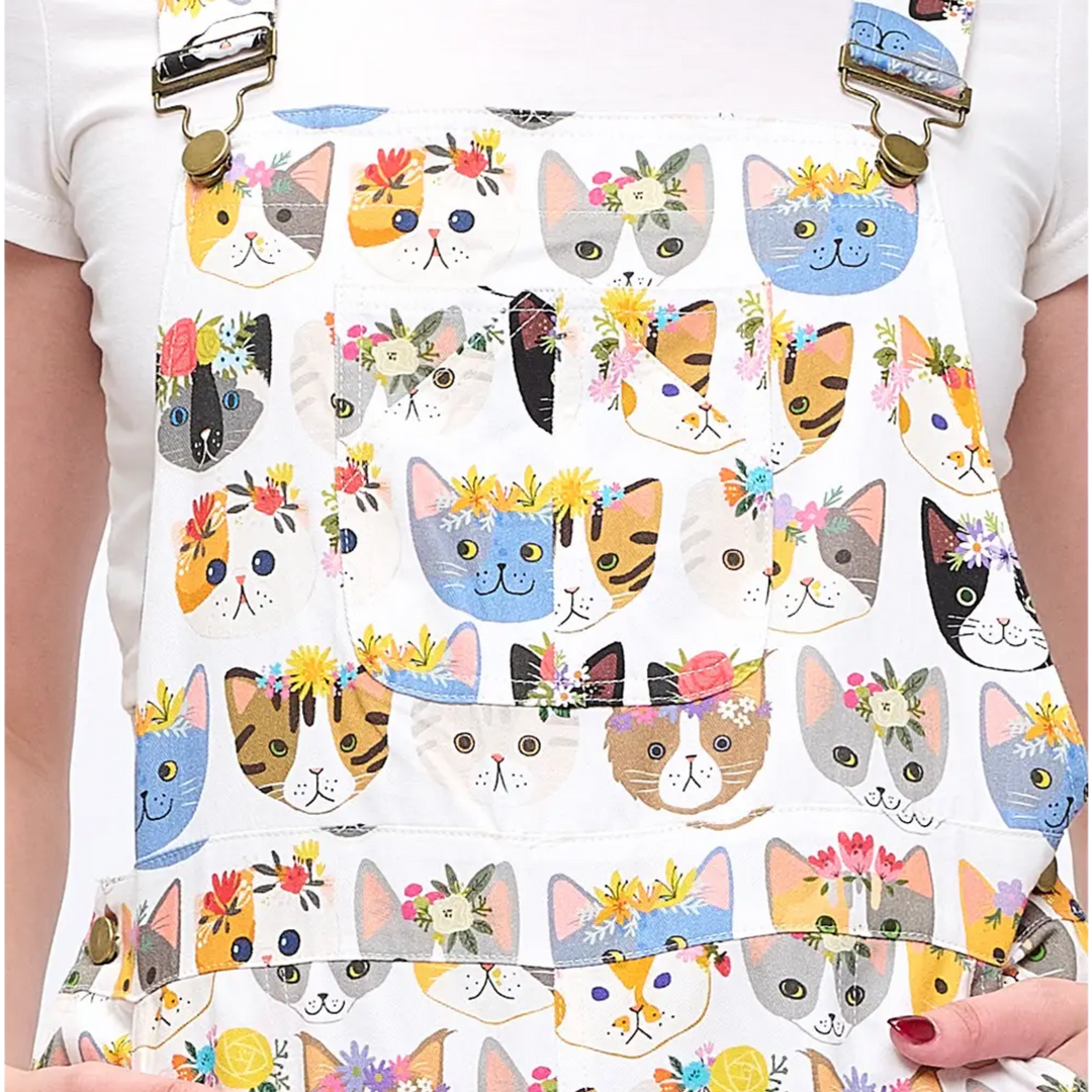 Floral Crown Cats Print Overalls