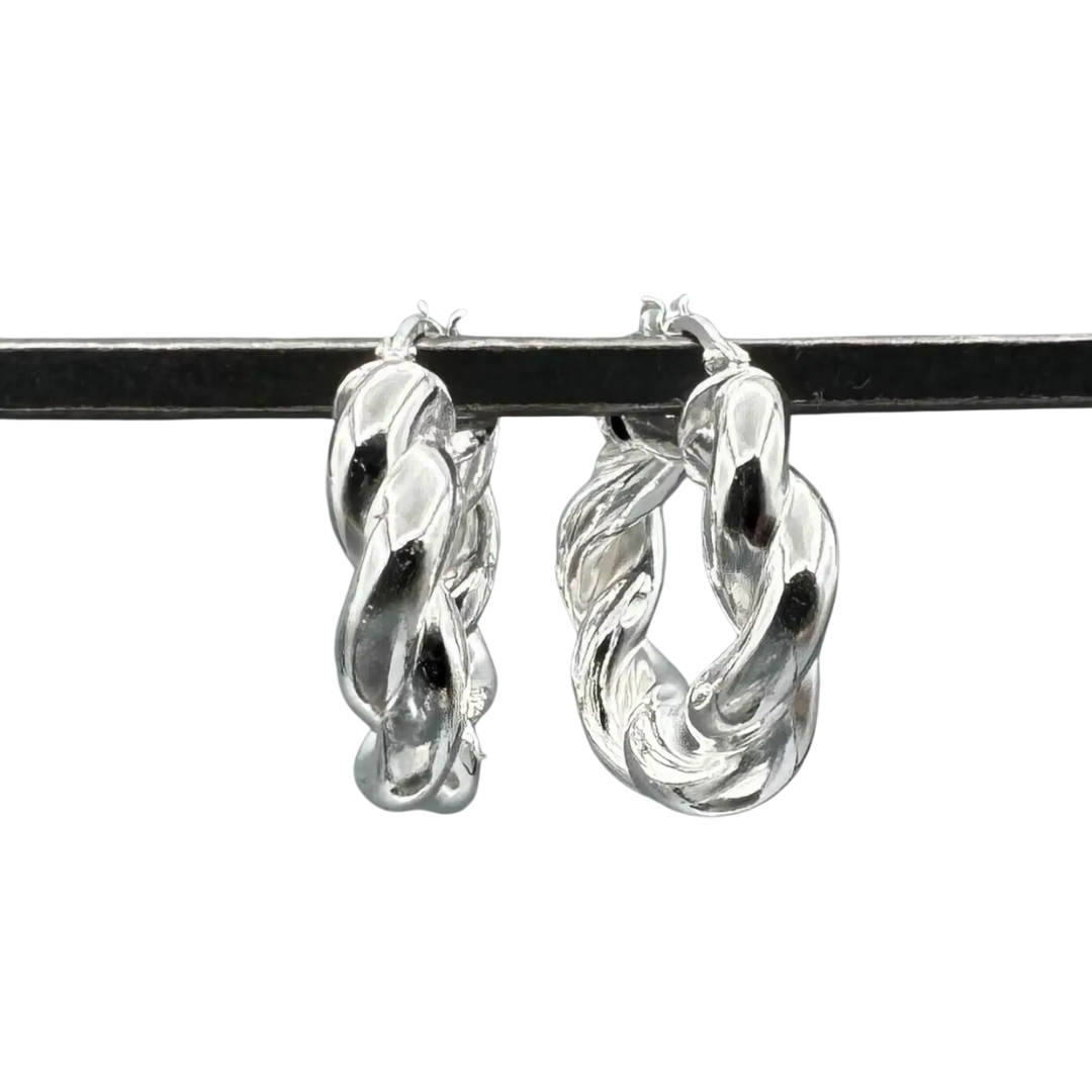 Silver Chunky Twisted French-Lock Round Hoops