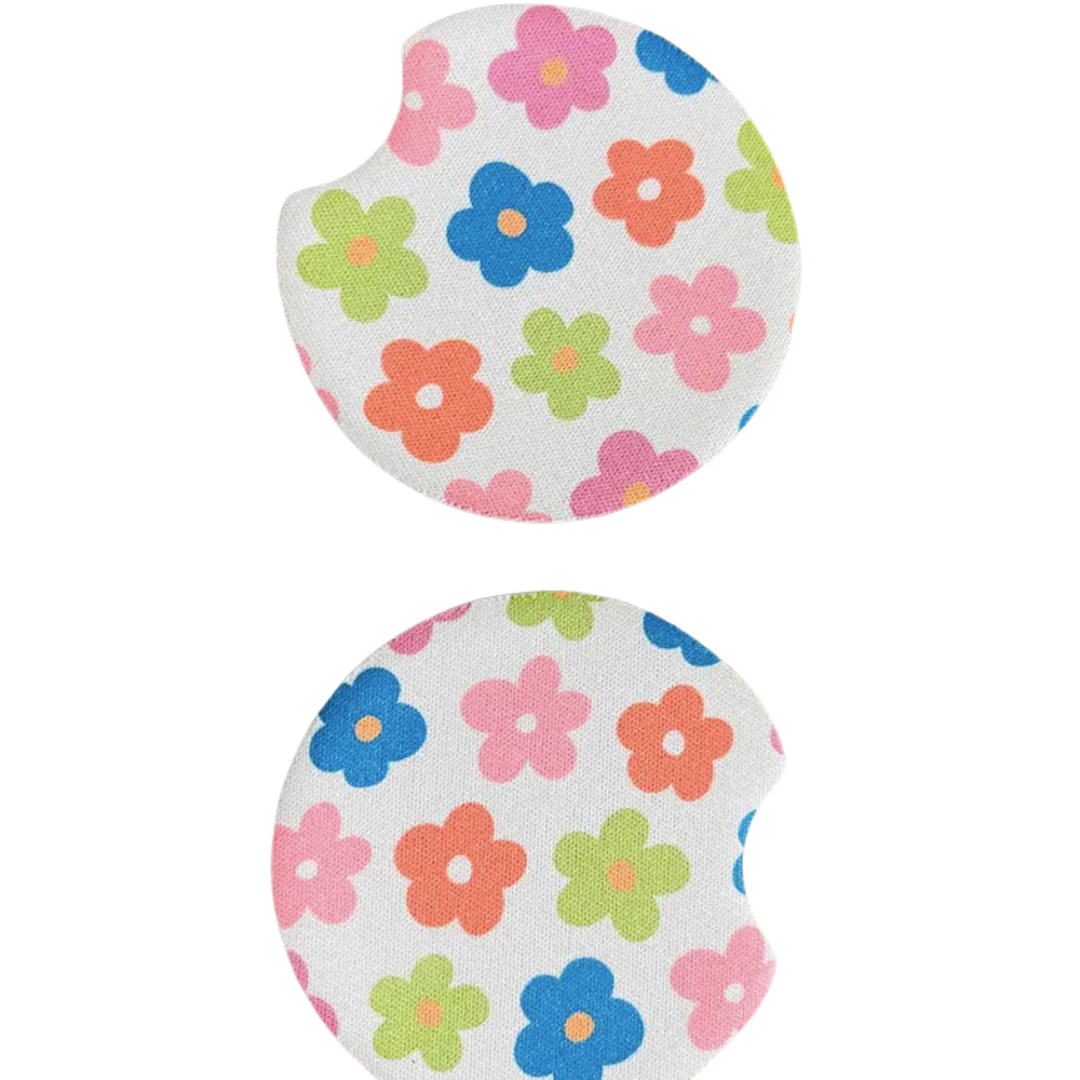 2 Car Coasters, Groovy Colorful Daisy Design