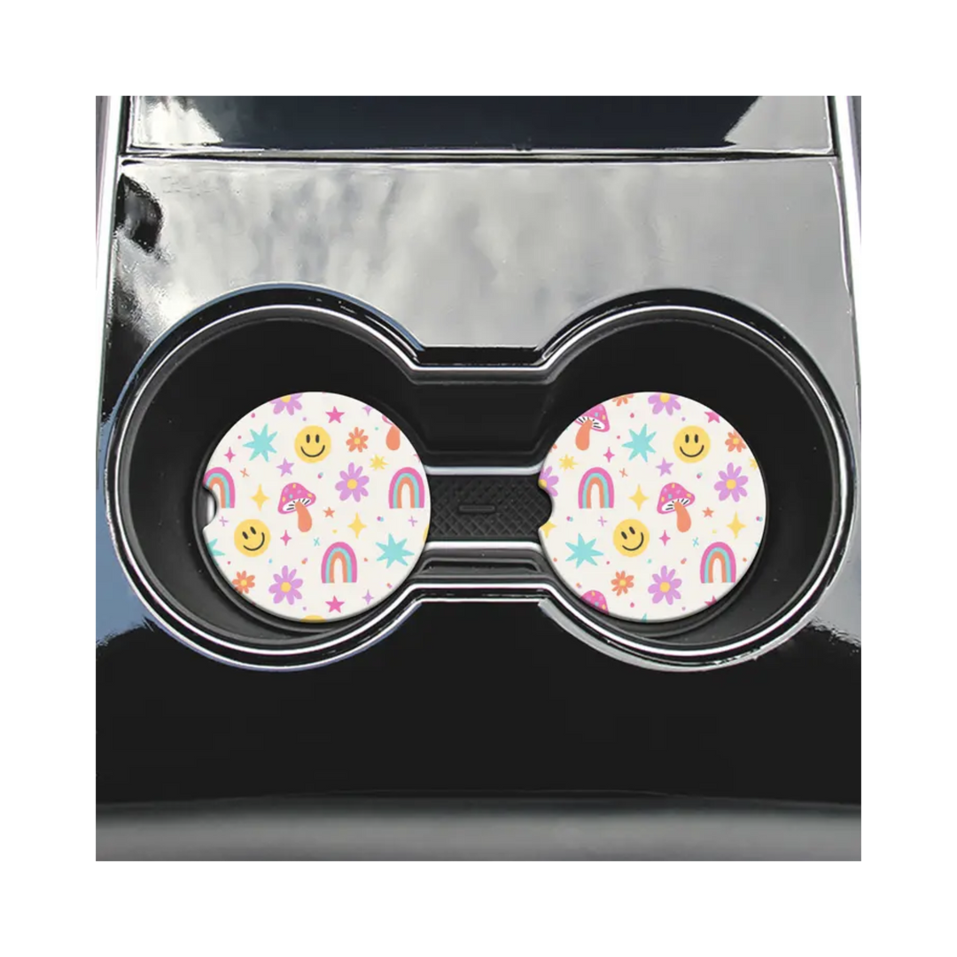 2 Car Coasters, Happy Rainbow Design