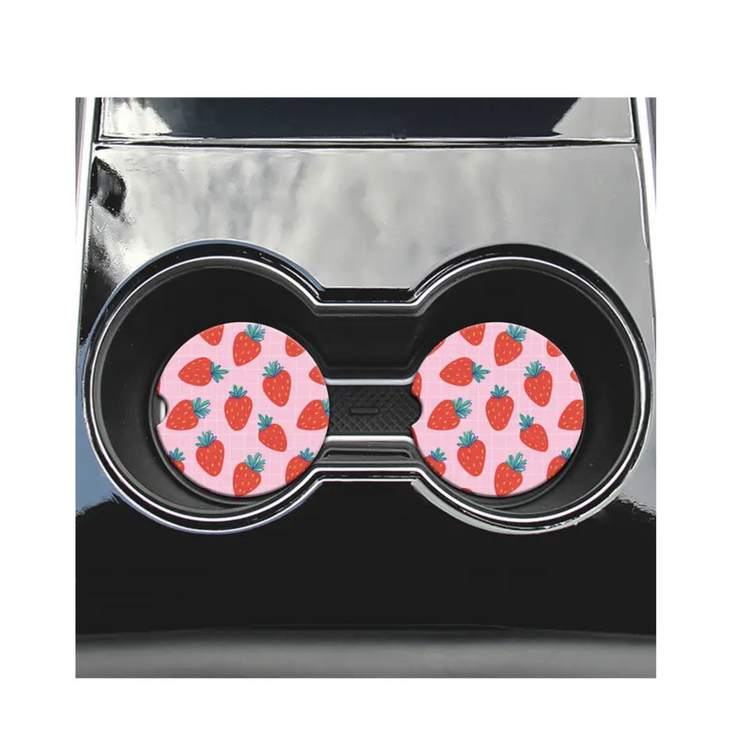 2 Car Coasters, Pink Grid Strawberry Design
