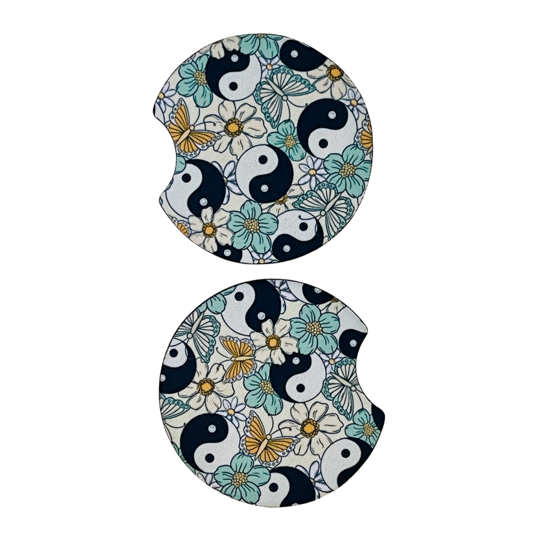 2 Car Coasters, Yin Yang Butterfly Design