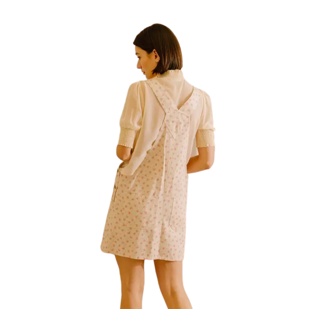 Light Denim Cream Pink Floral Mini Dress