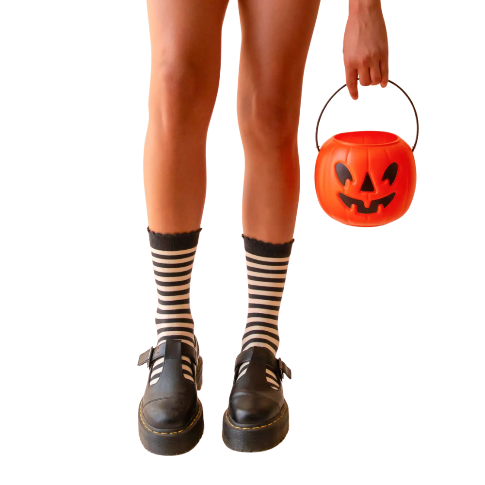 Charcoal Black Halloween Striped Crew Socks