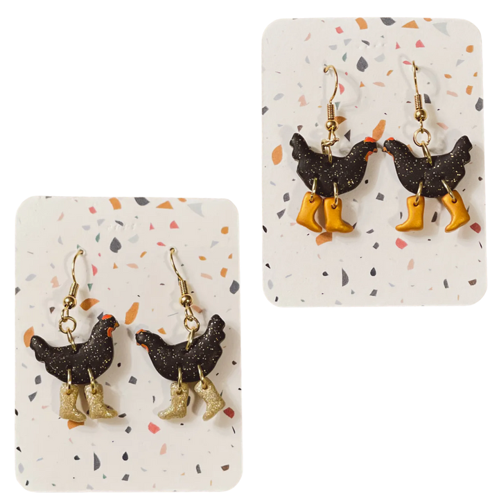 Black Sparkle Chickens with Boots Earrings