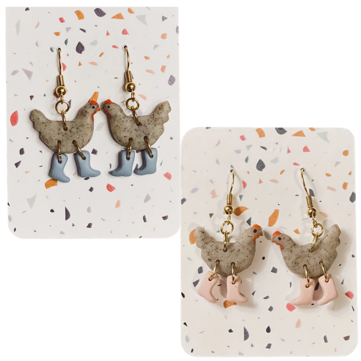 Grey Speckle Chickens with Boots Earrings