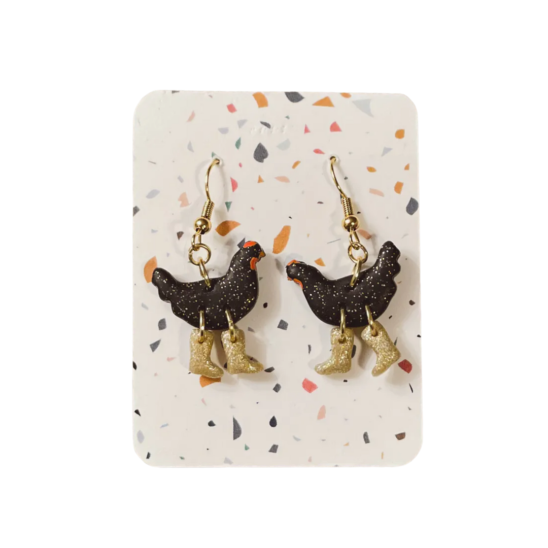 Black Sparkle Chickens with Boots Earrings