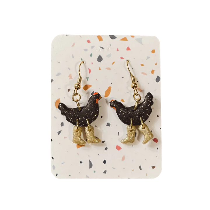 Black Sparkle Chickens with Boots Earrings
