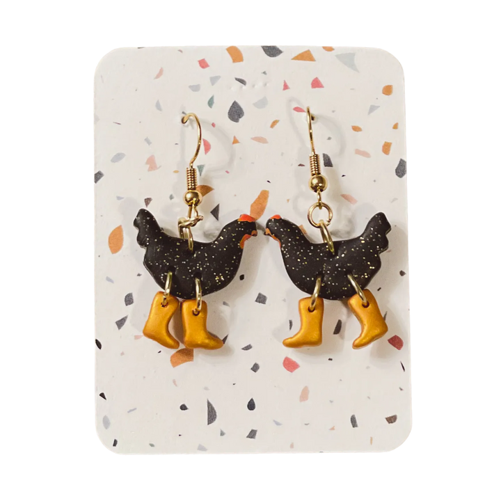 Black Sparkle Chickens with Boots Earrings