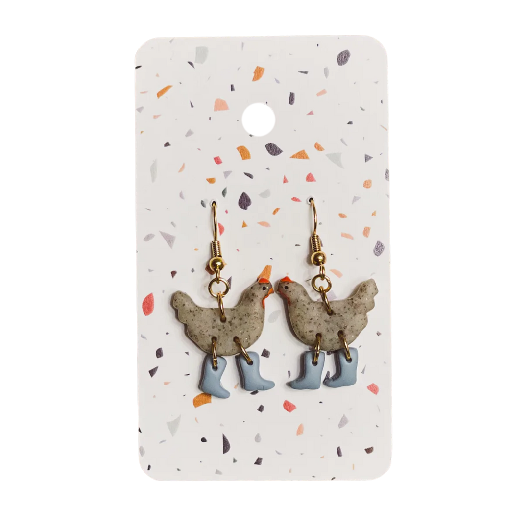 Grey Speckle Chickens with Boots Earrings