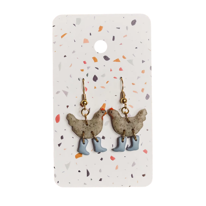 Grey Speckle Chickens with Boots Earrings