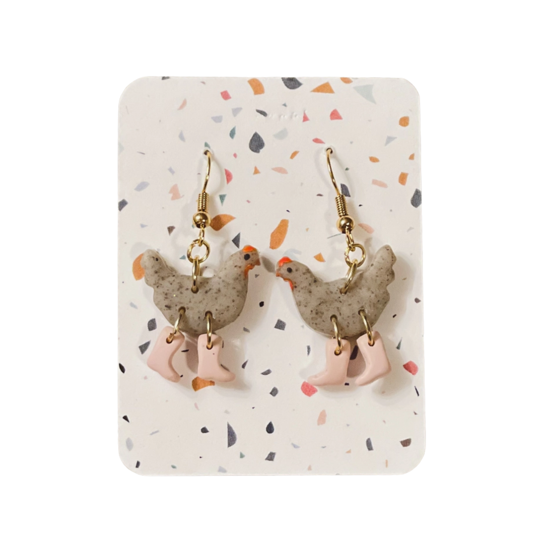 Grey Speckle Chickens with Boots Earrings