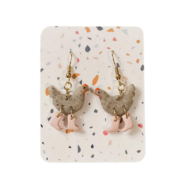 Grey Speckle Chickens with Boots Earrings