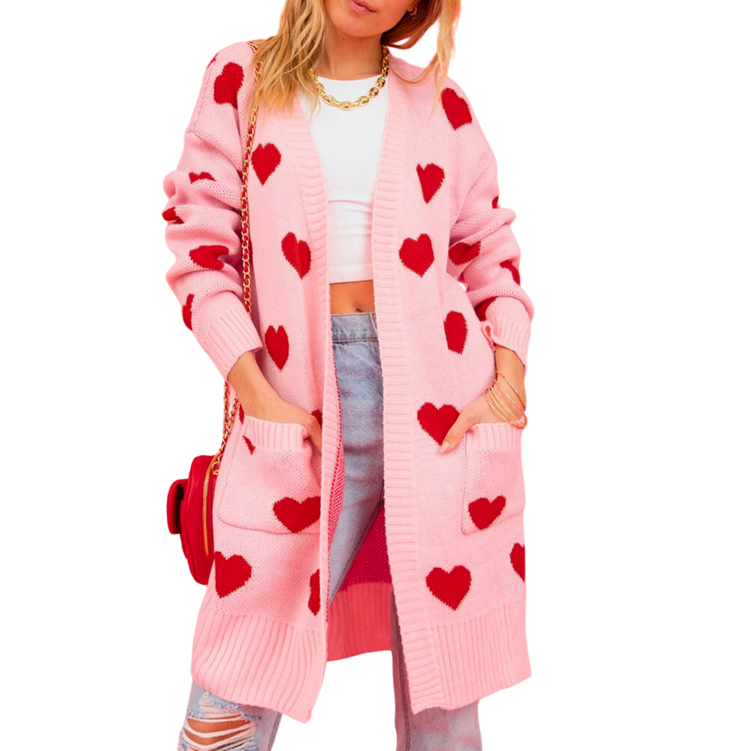 Heart Pattern Front Open Knitted Cardigan - Pink