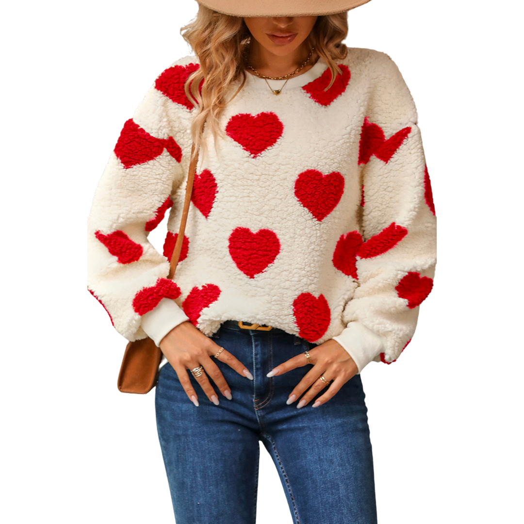 Heart Print Sherpa Pullover Sweater