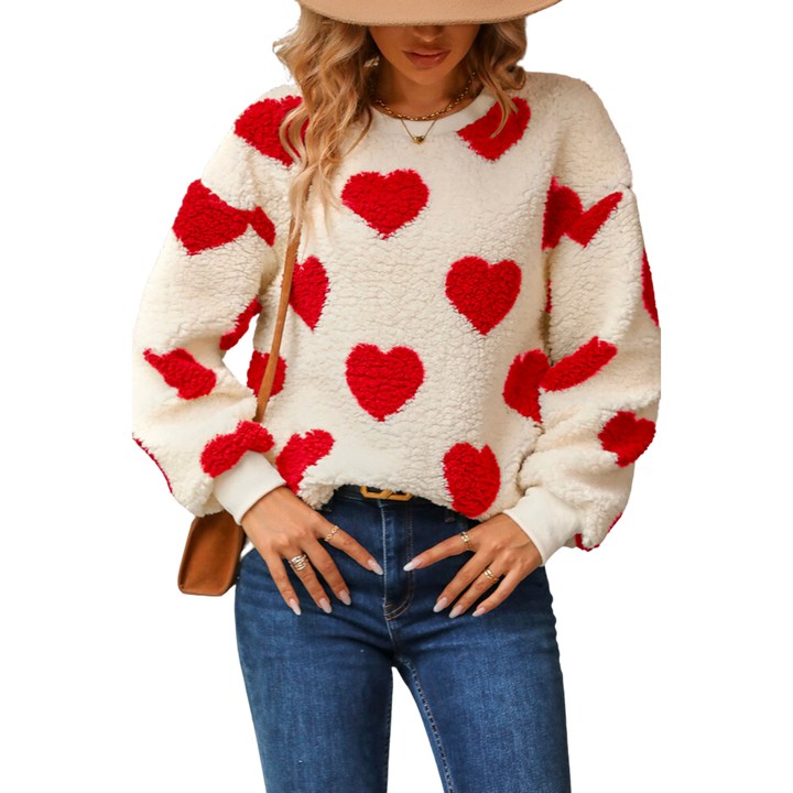 Heart Print Sherpa Pullover Sweater