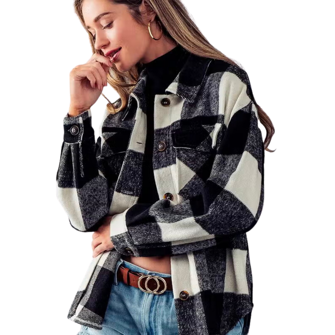 Plaid Flannel Button Down Jacket - Black