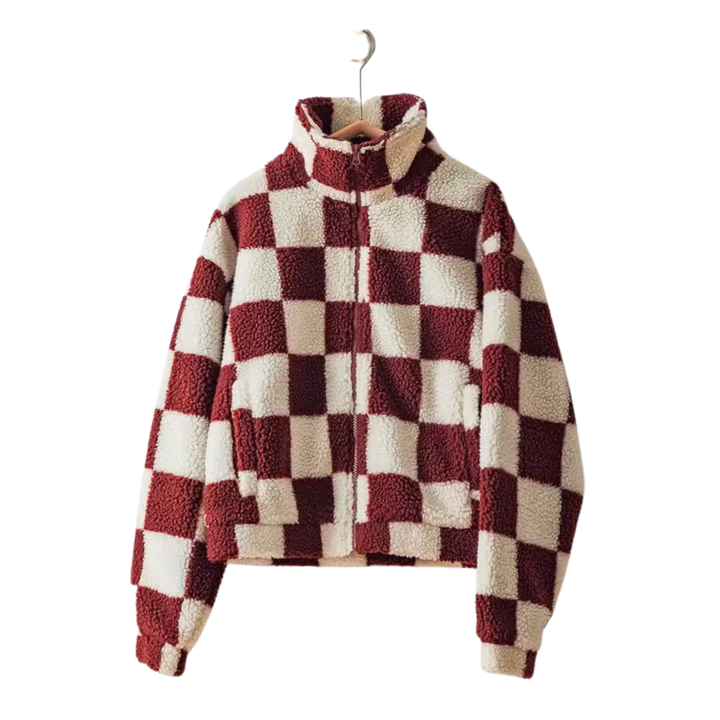 Checkered Sherpa Zip Up Jacket - Brown/Cream