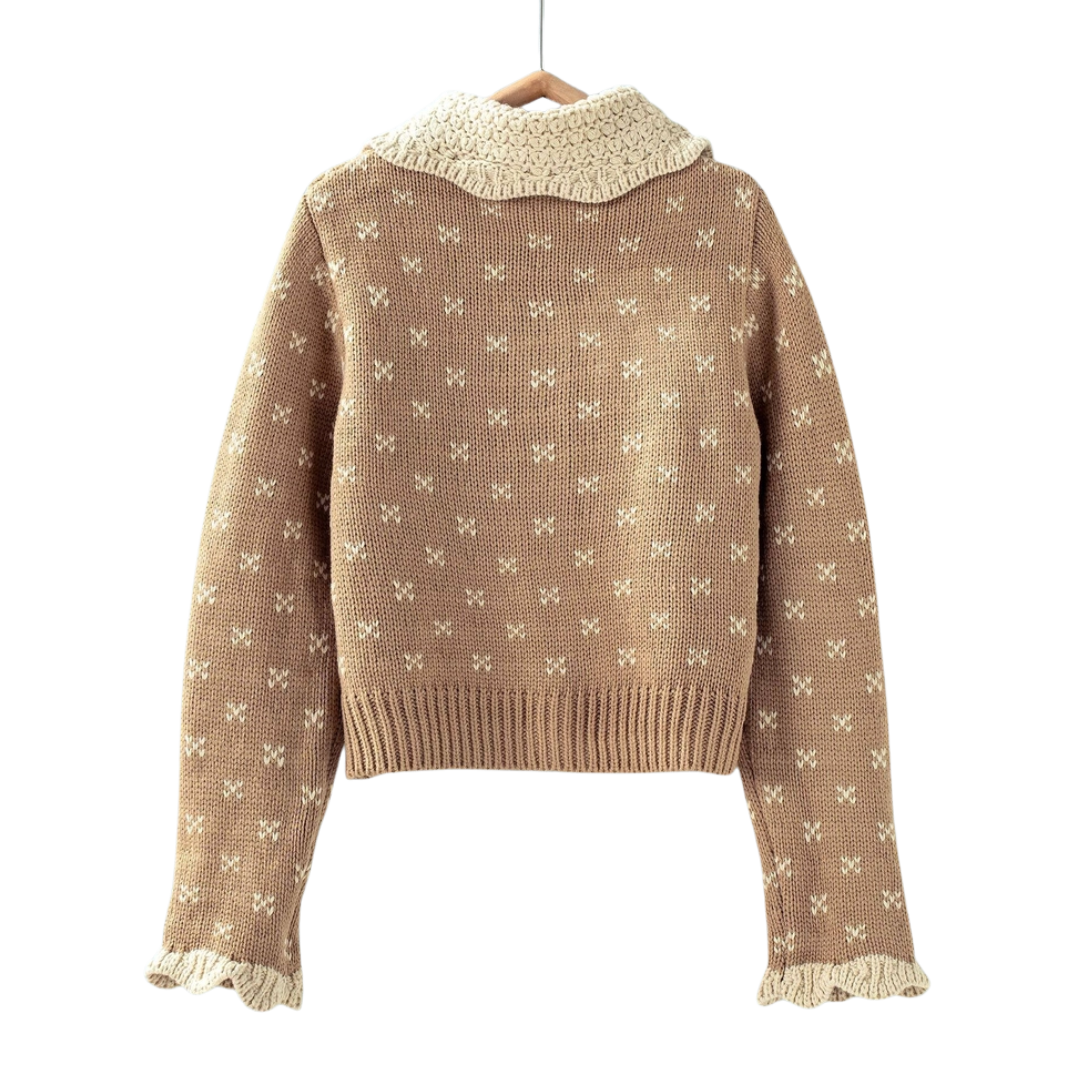 Khaki Patterned Knit Ruffle Collar Cardigan