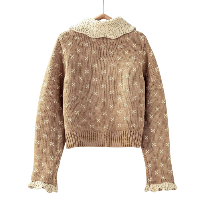 Khaki Patterned Knit Ruffle Collar Cardigan